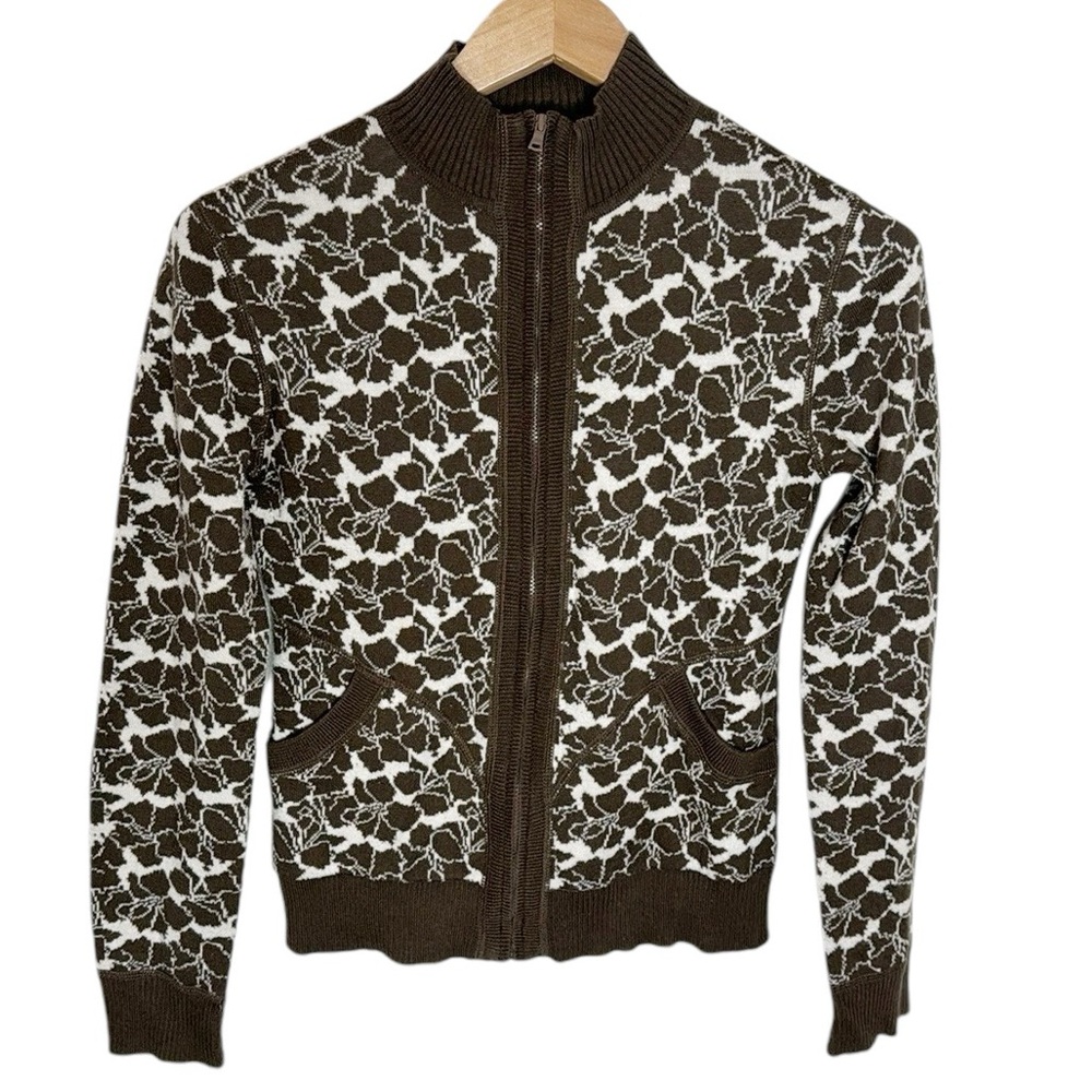 Title nine Brown Floral print Full Zip Mock Neck Sweater with Pockets size XS